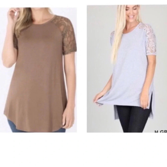 Lace short sleeve top Heather Grey M Mocha L - Picture 1 of 6
